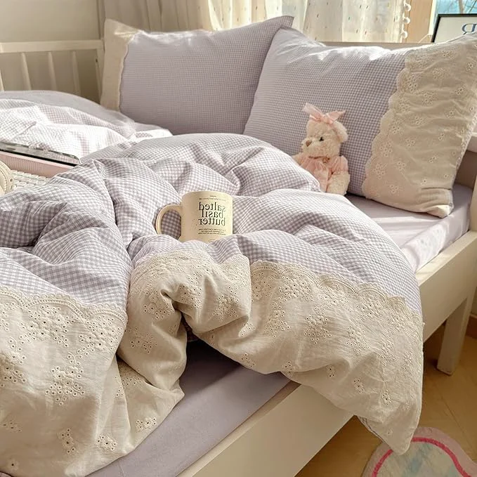 Quality VM VOUGEMARKET Purple White Queen Comforter Set 3 Pieces Romantic Lace Bedding Set Simple Cozy Small Lilac Gingham Checked Comforter Quilt for Teen Girls Students Pure