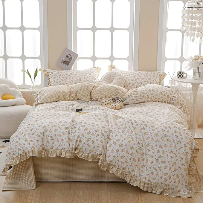 Outstanding VM VOUGEMARKET Reversible Ruffle Comforter Set Queen 3 Pieces Shabby Chic Coquette Cottagecore Yellow Pink Flower Comforter with 2 Lace Pillow Shams Queen Size Expertly Made