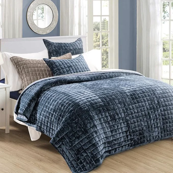 Pure RECYCO Luxury Velvet Quilt Set Full Queen Size Bedding Sets Ultra Soft Velvet Comforter Set Lightweight Channel Box Stitch Oversized Bedspread Coverlet for All Season with 2 Shams Stormy Blue