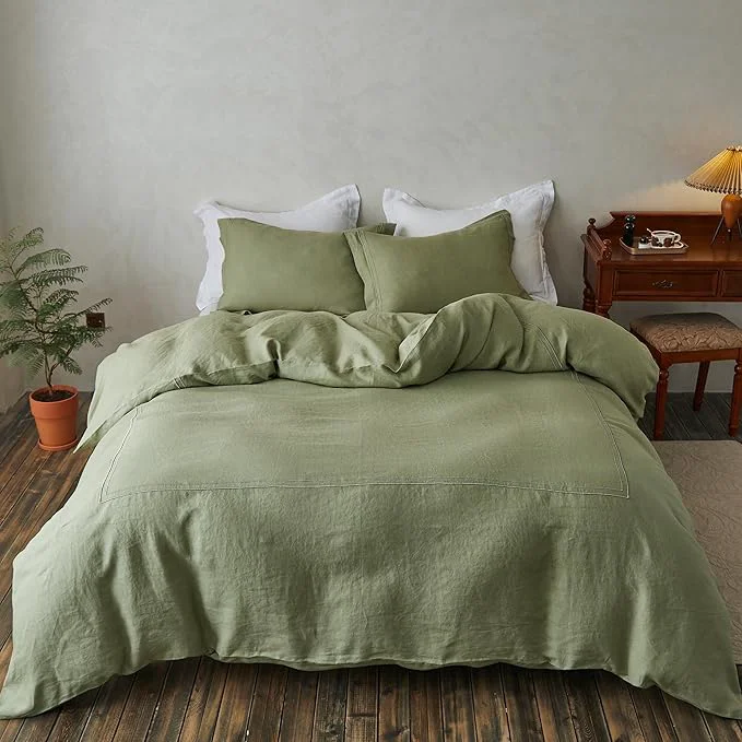 Professional Simple amp Opulence Washed Linen Duvet Cover Set 88 quot x92 quot – 3 Pieces Soft Farmhouse Comforter Set Double Embroidered with Button Closure – 1 Duvet Cover and 2 Pillowshams Sage Green Queen Elegant