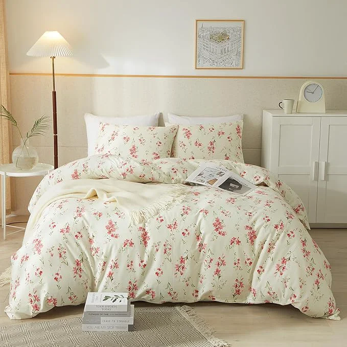 User-Friendly VM VOUGEMARKET Cream Comforter Set Queen Garden Flower Comforter with 2 Pillow Shams Girls Botanical Bedding Set Pink Floral Comforter Set 90×90 Inch Genuine