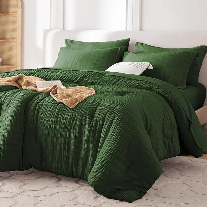 Efficient MUXHOMO 7 Pieces Queen Comforter Set Seersucker Bed in a Bag Queen Size All Season Luxury Bedding Set with Comforter Flat Sheet Fitted Sheet Pillowcases amp Shams Dark Green Convenient