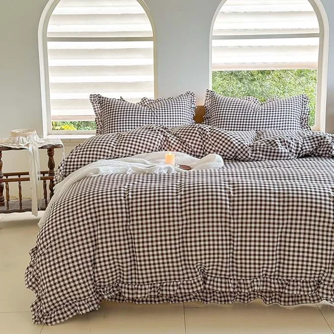 Efficient NSNLGSGC Mocha Ruffle Gingham Comforter Set Twin Pre-Washed Ruffled Coffee Plaid Checked Comforter Bedding 2 Pieces Vintage Farmhouse Grid Bedding Set Mocha Gingham Twin Solid