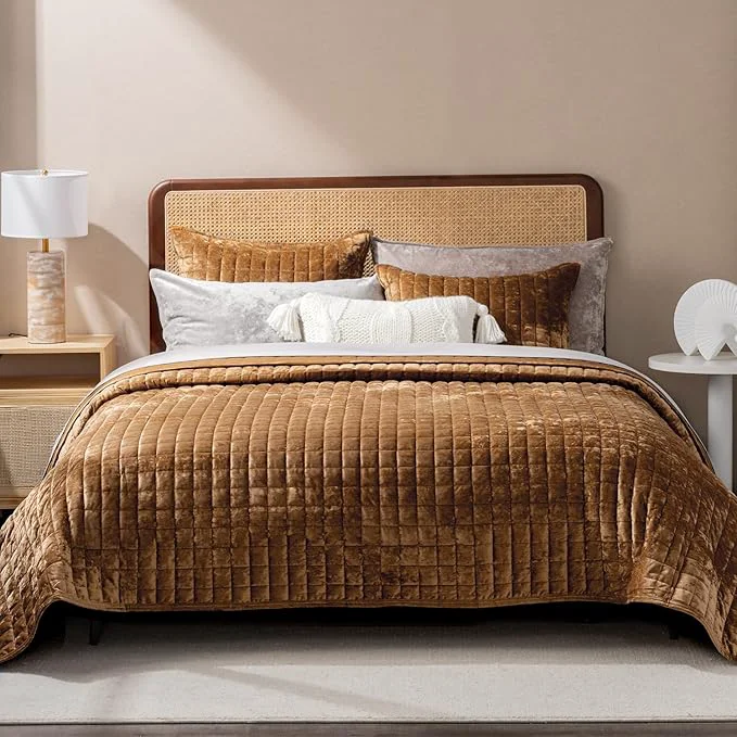 Environmentally Friendly RECYCO Luxury Velvet Quilt Set California King 118 39 39 x 106 39 39 Oversized Bedspread Ultra Soft Velvet Comforter Lightweight Box Stitch Bedding Sets for All Season with 2 Shams Caramel Gold Next-Generation
