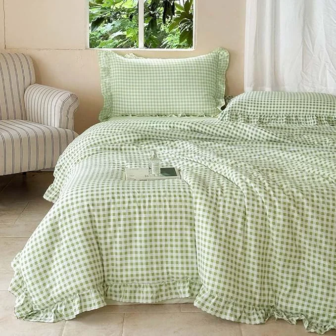 Unique NSNLGSGC Sage Green Ruffle Gingham Comforter Set King Pre-Washed Ruffled Plaid Checked Comforter Bedding 3 Pieces Vintage Farmhouse Grid Bedding Set Green Gingham King Smart