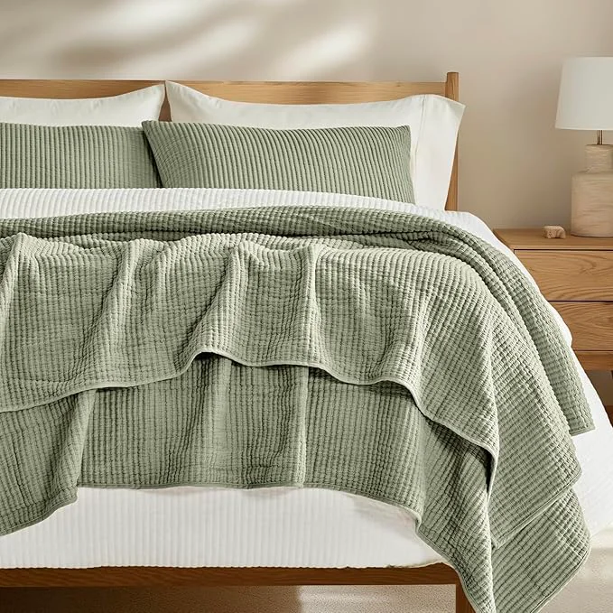 Pure EVERGRACEHOME Cotton Coverlet Set Full Queen Size 3 Pieces Lightweight Soft Ribbed Matelassé Bedspread Quilt Set Oversized Quilted Bedding Set with 2 Pillow Shams for All Seasons Light Sage Green Proven