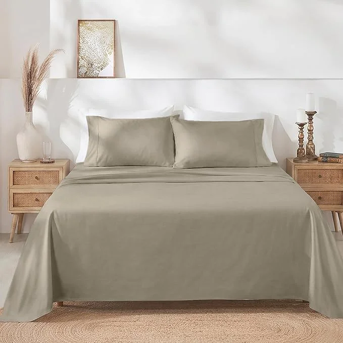Smart California Design Den Full Size Bed Sheets Set – Soft 400 Thread Count Sateen Natural Cotton Sheets with Deep Pockets Breathable and Durable Bedding Set – Taupe Casual