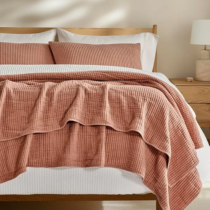 Elegant EVERGRACEHOME Cotton Coverlet Set Full Queen Size 3 Pieces Lightweight Soft Ribbed Matelassé Bedspread Quilt Set Cozy Oversized Quilted Bedding Set with 2 Pillow Shams for All Seasons Clay Sustainable