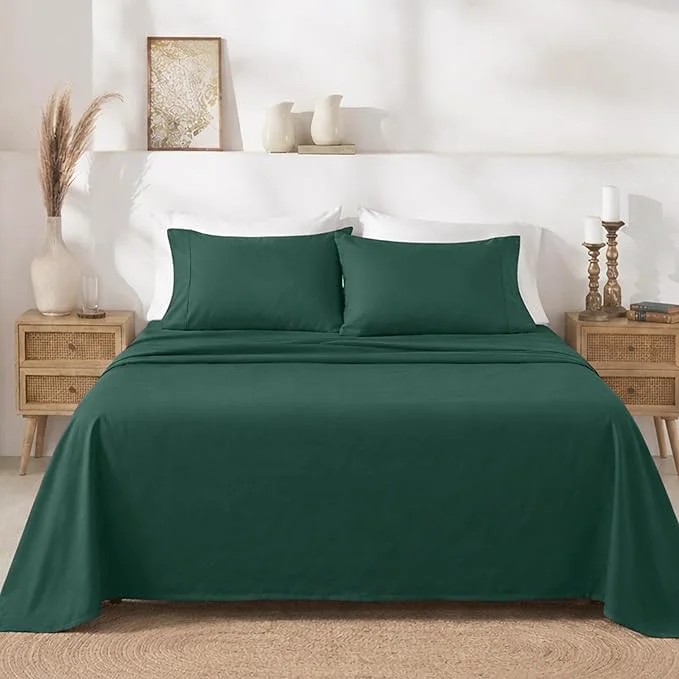 Fast California Design Den Natural Cotton Sheets Soft Queen Sheet Set 400 Thread Count Sateen Deep Pockets with All-Around Elastic for a Snug Fit Durable Bedding Set – Hunter Green Refined