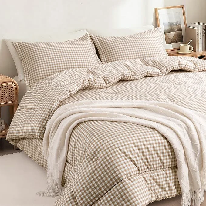 Environmentally Friendly Twin XL Comforter Set Modern Plaid Checkered Bedding Tan Gingham Brown Grid Bed Comforter Soft Fluffy Breathable Farmhouse Dorm Bedding All Seasons 3 Piece Set SOFT FLUFFY Original Design