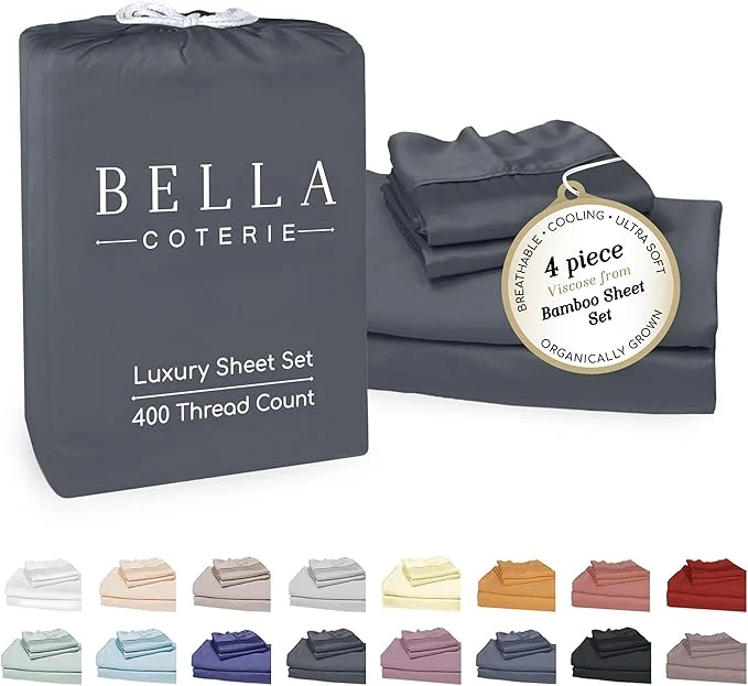 Expertly Made Bella Coterie Luxury Bamboo Viscose Cal King Size Sheet Set Organically Grown Ultra Soft Cooling for Hot Sleepers 18 quot Deep Pocket Charcoal Grey