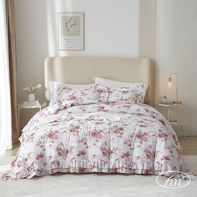 Reliable Ruffle Comforter Set Full Pink Red Floral Comforter Princess Lace Floral Bedding Set Soft Microfiber Botanical Bedding Comforter Set 1 Flower Ruffled Comforter with 2 Pillowcases for Teen Girls Verified