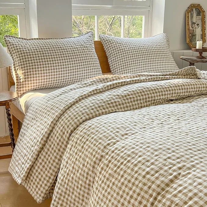 Outstanding NSNLGSGC Tan Gingham Twin Quilt Set Soft Pre-Washed Microfiber Taupe Plaid Twin Bedspread Lightweight Checked Summer Quilt Grid Bedding Coverlets for All Seasons Includes 1 Quilt 1 Pillow Sham Next-Generation