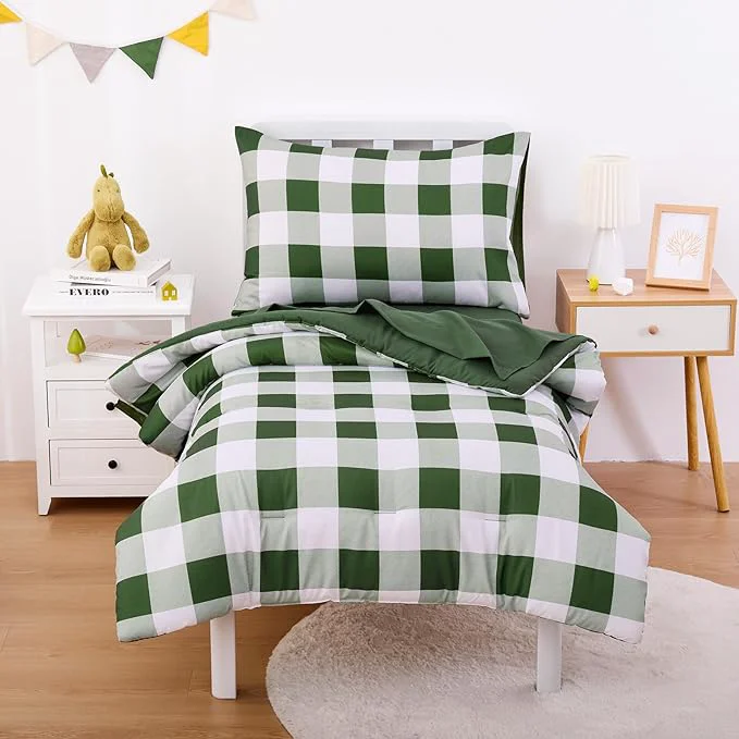 Safe Wake In Cloud – Gingham Toddler Bedding Set for Girls Boys Cute Plaid Buffalo Check 4 Pieces Soft Crib Bed Set Including Comforter Sheets and Pillowcase Olive Green Comfortable