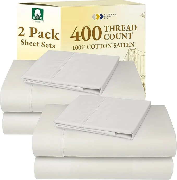Traditional California Design Den 2-Pack Cotton Twin Sheet Sets – 400 Thread Count Cotton Sateen – Soft and Breathable Sheets 2 Sets of Deep Pocket Bed Sheets – Ivory Pale Tone Certified
