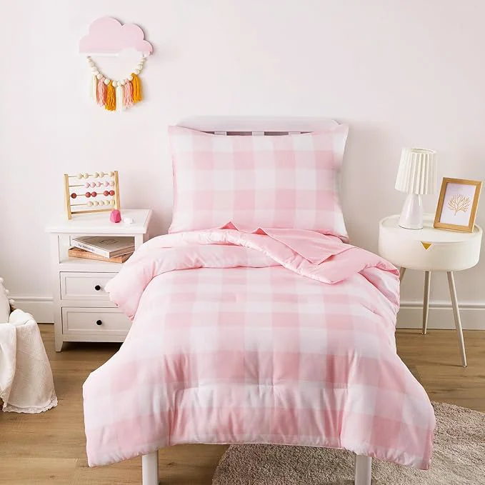 Detailed Wake In Cloud – Gingham Toddler Bedding Set for Girls Boys Cute Plaid Buffalo Check 4 Pieces Soft Crib Bed Set Including Comforter Sheets and Pillowcase Pink Prestigious