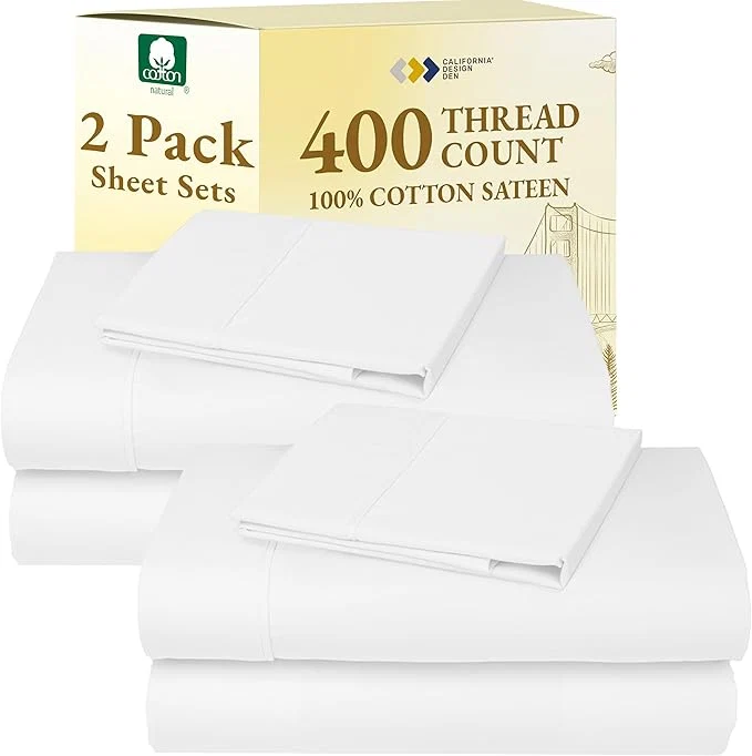 Effective California Design Den 2-Pack Twin Size Bed Sheets Cotton – 400 Thread Count Cotton Sateen – Soft Breathable Sheets 2 Sets of Deep Pocket Bed Sheets – Antique White Sophisticated