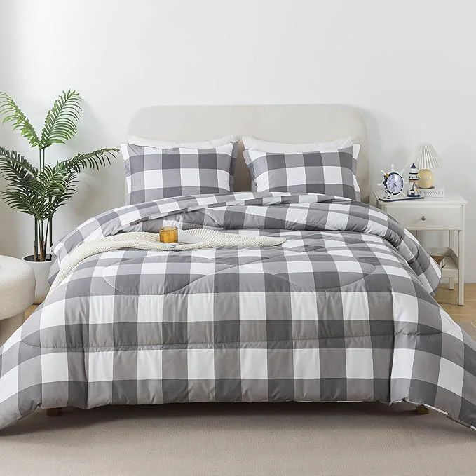 Genuine Caressma Buffalo Plaid Comforter Set Queen White Gray Buffalo Plaid Comforter Bedding Set for All Seasons Classic Gingham Pattern Print Soft Microfiber 3 Pieces Comforter with Pillowshmas Safe