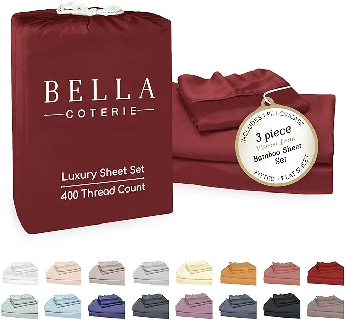 Professional Bella Coterie Luxury Bamboo Viscose Twin XL Size Sheet Set Organically Grown Ultra Soft Cooling for Hot Sleepers 18 quot Deep Pocket Merlot Fashionable