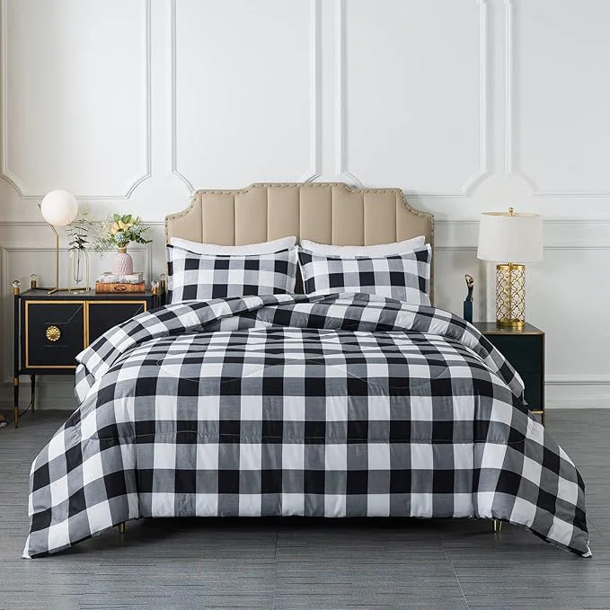 Expertly Made Caressma Buffalo Plaid Comforter Set Full Size Black White Plaid Comforter Bedding Set for All Seasons Classic Gingham Pattern Print Soft Microfiber 3 Pieces Comforter with Pillowshams Clean