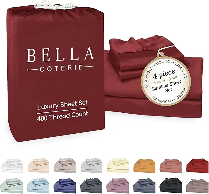 Bella Coterie Luxury Bamboo Viscose Queen Size Sheet Set Organically Grown Ultra Soft Cooling for Hot Sleepers 18 quot Deep Pocket Merlot Contemporary