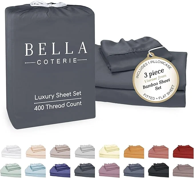 Relaxed Bella Coterie Luxury Bamboo Viscose Twin Size Sheet Set Organically Grown Ultra Soft Cooling for Hot Sleepers 18 quot Deep Pocket Charcoal Grey Official