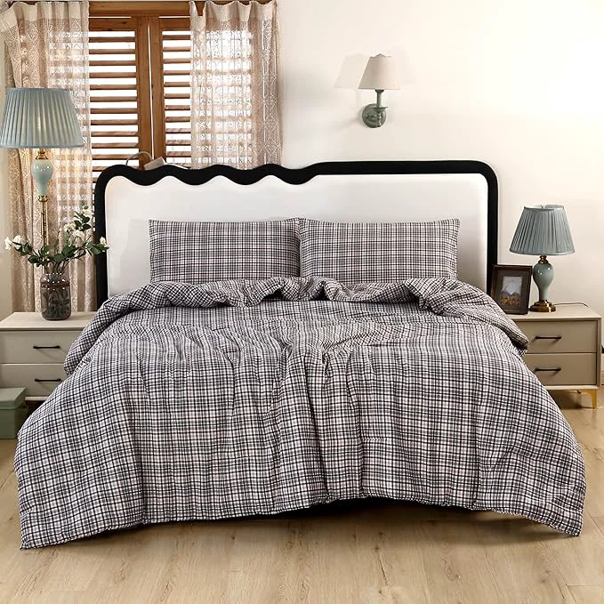 Refined SDIII 3PCS Brown Gingham Comforter Set Twin Washed Microfiber Lightweight Brown Gingham Bedding Twin Soft Bedding Farmhouse Shabby Chic Checkered Certified