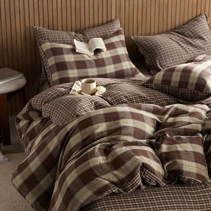 Easy-to-Use EAVD Vintage Coffee Gingham Comforter Set Full Soft Muslin Cotton Chic Shabby Yellow Green Grid Checkered Pattern Bedding Set with 2 Pillowcases Reversible Farmhouse Plaid Comforter Set First-Class