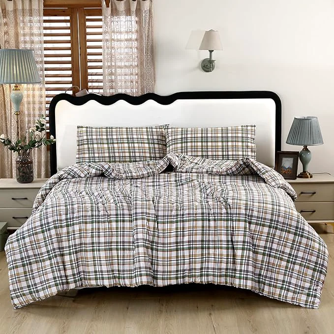 Exceptional SDIII 3PCS Green Gingham Queen Comforter Set Washed Microfiber Lightweight Green Gingham Bedding Queen Farmhouse Shabby Chic Checkered All Season Secure