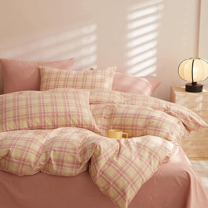 Carefully Designed EAVD Vintage Style Gingham Comforter Set Queen Soft Washed Cotton Retro Yellow amp Pink Grid Checkered Bedding Set with 2 Pillowcases Reversible Geometric Plaid Comforter Set for All-Season Traditional