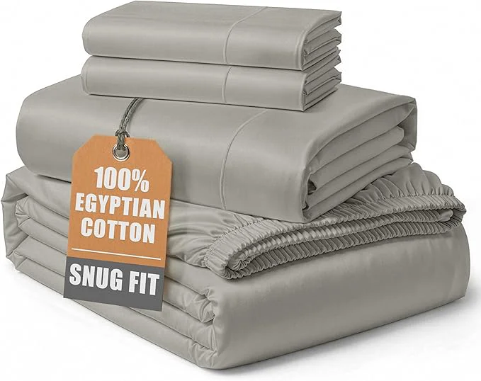 Superior Egyptian Cotton Sheets Queen Size Set – Silky Sateen Weave for Winter Comfort 15 quot Secure Fit Deep Pocket Queen Sheet Set Naturally Breathable Hotel-Quality Soft Luxury You Can Feel – Silver