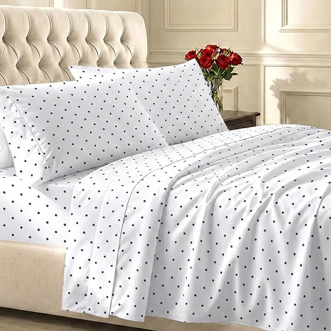 Specialty California Design Den Full Size Bed Sheets Set – 400 Thread Count Sateen Natural Cotton Sheets for Full Size Bed Deep Pocket and Durable Bedding Set – Polka Dot