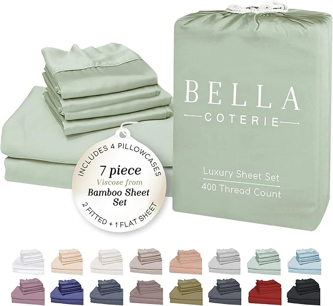 User-Friendly Bella Coterie 7 Piece Luxury Bamboo Viscose Split King Size Sheet Set 2 Fitted Sheets for Adjustable Beds Organically Grown Cooling for Hot Sleepers 4 Pillowcases Sea Glass Prestigious