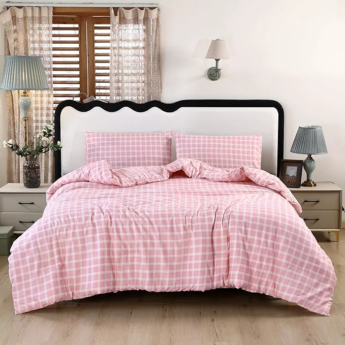 Effective SDIII 3PCS Pink Gingham Comforter Set Twin Washed Microfiber Lightweight Pink Gingham Bedding Twin Farmhouse Shabby Chic Checkered All Season Elegant