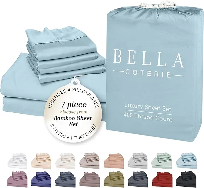 Traditional Bella Coterie 7 Piece Luxury Bamboo Viscose Split King Size Sheet Set 2 Fitted Sheets for Adjustable Beds Organically Grown Cooling for Hot Sleepers 4 Pillowcases Coastal Blue Classic