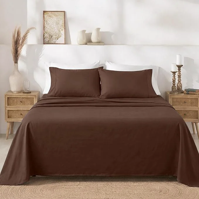 Certified California Design Den Full Size Bed Sheets Set – Soft 400 Thread Count Sateen Natural Cotton Sheets with Deep Pockets Breathable and Durable Bedding Set – Espresso Chocolate Brown Comfortable