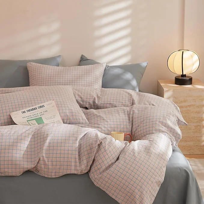 Classic EAVD Pink Blue Grid Plaid Comforter Set Queen Soft Gingham Comforter Set 3 Pieces Modern Style Grid Checkered Pattern Bedding Set with 2 Pillowcases Reversible Gingham Bedding Set for All-Season Official