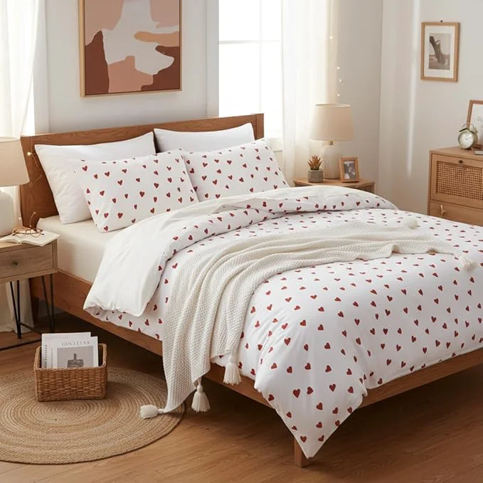 Excellent Nayoroom Heart Comforter Set Queen Size Kawaii Red Heart Pattern Comforter Kids Girls Cute Heart-Shaped 3Pcs Soft Lightweight Bedding Set for All Seasons 1 Comforter 2 Pillowcases Luxury