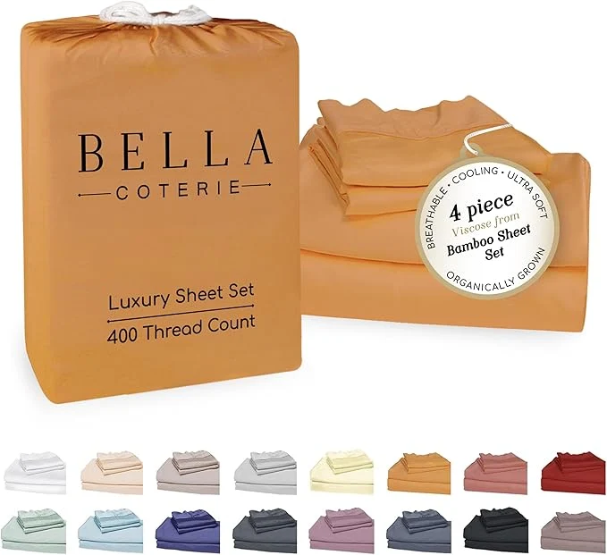 Certified Bella Coterie Luxury Bamboo Viscose Queen Size Sheet Set Organically Grown Ultra Soft Cooling for Hot Sleepers 18 quot Deep Pocket Marigold High-Grade