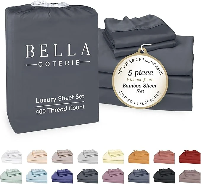 Consistent Bella Coterie Luxury Bamboo Viscose Split King Size Sheet Set 2 Fitted Sheets for Sleep Number amp Adjustable Beds Organically Grown Cooling amp Ultra Soft 18 Deep Pocket Charcoal Grey Selected