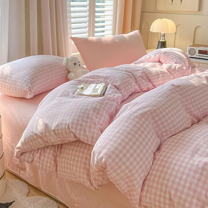 High-Grade Nayoroom Pink Gingham Comforter Set Twin Size Plaid Checkered Dorm Bedding Set 2 Pieces Soft Lightweight Farmhouse Grid Comforter for All Seasons 1 Comforter 1 Pillowcase Quality