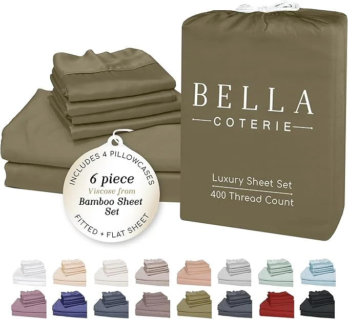 Functional Bella Coterie 6 Piece Luxury Bamboo Viscose King Size Sheet Set Organically Grown Cooling for Hot Sleepers 18 quot Deep Pocket Soft amp Hypoallergenic 4 Pillowcases Olive Consistent