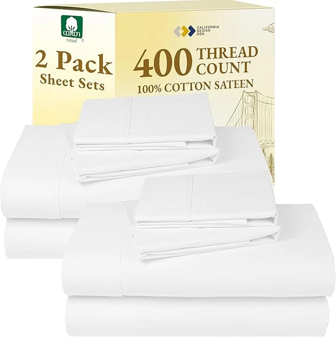 Fine Crafted California Design Den 2-Pack Bed Sheets Full Size – 400 Thread Count Cotton Sateen – Soft and Breathable Sheets 2 Sets of Deep Pocket Bed Sheets – Antique White Expertly Made