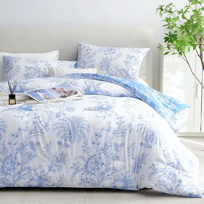 Enhanced Nayoroom Blue Floral Comforter Set Queen Size White Coquette Bedding Comforter Set 3 Pieces Soft Lightweight Cottagecore Flower Comforter for All Seasons 1 Comforter 2 Pillow Shams Advanced