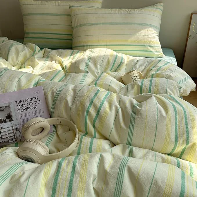 EAVD Vintage Striped Comforter Set Twin XL Soft Cotton 3-Piece Boho Bedding Set with 2 Pillowcases Retro Yellow-Green Vertical Stripes Geometric Comforter Set for All-Season Effective