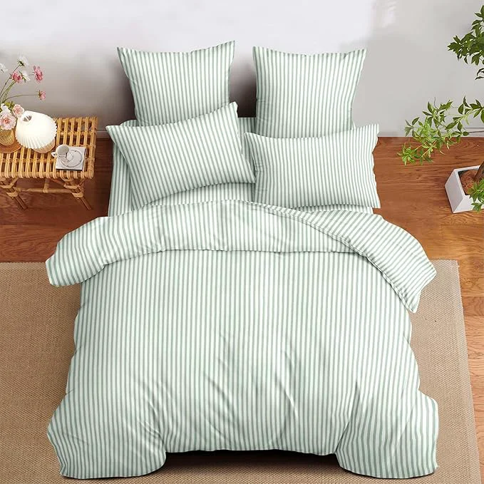 Nayoroom Green Striped Comforter Set Queen Size White Stripe Comforter 3 Pieces Girls Soft Lightweight Pinstripe Dorm Bedding Set for All Seasons Detailed