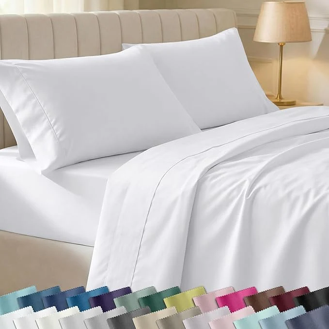 Enhanced California Design Den California King Sheet Sets – Soft 400 Thread Count Natural Cotton Sateen Sheets Deep Pockets with All Around Elastic for a Snug Fit Durable Bedding – White Detailed
