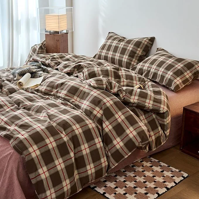 Smooth EAVD Vintage Brown Buffalo Plaid Comforter Set Twin XL Soft Washed Cotton Brown amp Red amp Green Grid Checkered Bedding Set with 2 Pillowcases Retro Gingham Comforter Set for All-Season Innovative