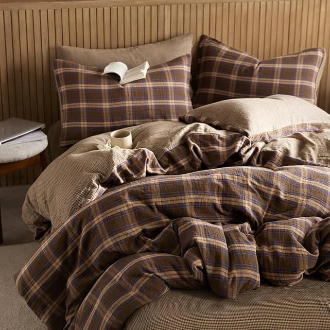 Flexible EAVD Vintage Gingham Comforter Set Full Brown Blue Red Grid Checked Bedding Set Soft Muslin Cotton Retro Brown Plaid Comforter Set with 2 Pillowcases Farmhouse Plaid Bedding Set for All-Season User-Friendly