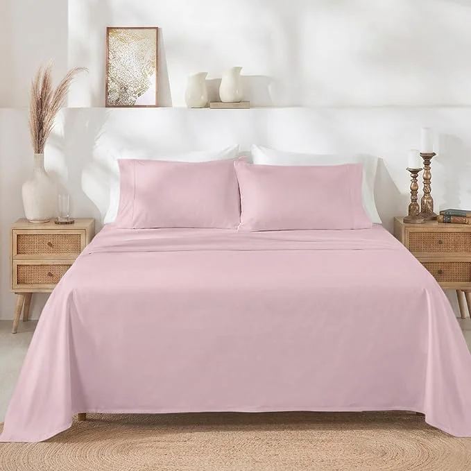 California Design Den Full Size Bed Sheets Set – Soft 400 Thread Count Sateen Natural Cotton Sheets with Deep Pockets Breathable and Durable Bedding Set – Pink Minimalist